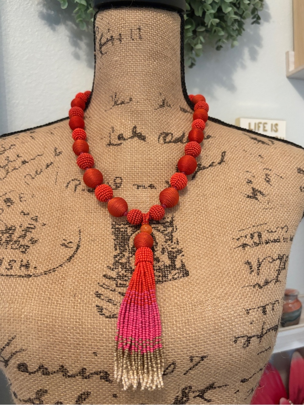 Chico's Red, Pink and Cream Beaded Tassel Necklace